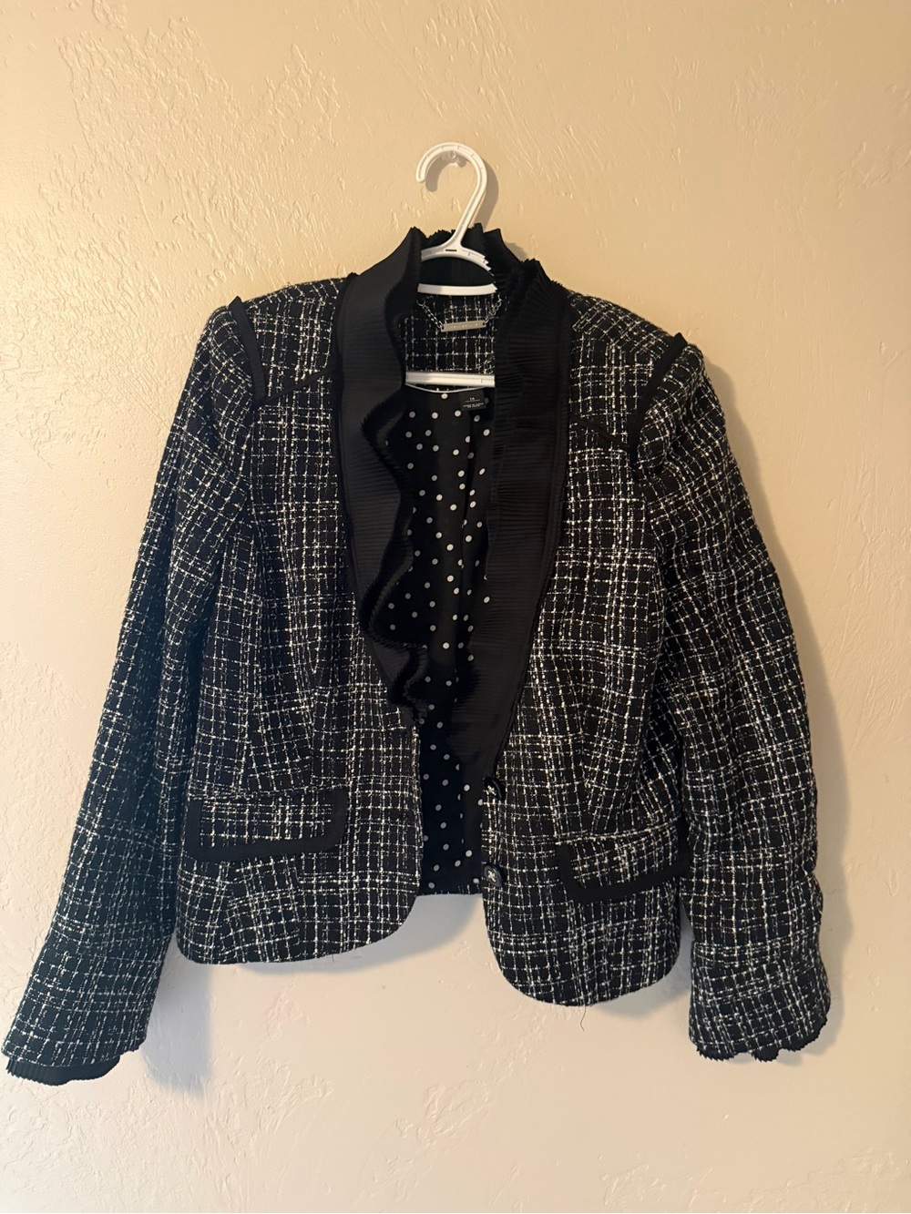 White House Black Market Black & White Tweed Ruffle-Front Blazer